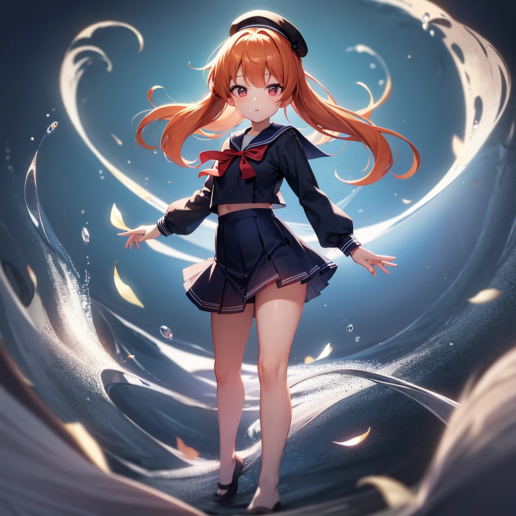 ((Sailor suit)),Big red ribbon,(((Navy Mini Skirt))),beret,Cute little loli,Tiny Lori,Small girl,,Childish face, Very fine clean face,Top quality, Big eyes,Straight Hair,Yellow hair,Crimson Eye,(Dark Room), Subtle light, Natural light,Soft lighting,Light from directly behind, (Are standing), Cute pose, Open your hands, Showing the whole body,Front view,Black background