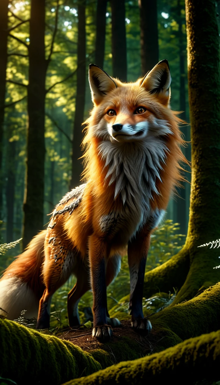 Panorama,A wild beast in the forest,Looks like a fox and has nine tails,Mysterious Creatures, shrike, (best quality,4K,8K,High level,masterpiece:1.2),Ultra Detailed,(lifelike,Photo real,Photo real:1.37),Highly detailed animals,Complex patterns,Realistic lighting,Fantasy Creatures