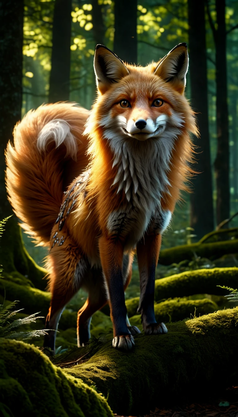 Panorama,A wild beast in the forest,Looks like a fox and has nine tails,Mysterious Creatures, shrike, (best quality,4K,8K,High level,masterpiece:1.2),Ultra Detailed,(lifelike,Photo real,Photo real:1.37),Highly detailed animals,Complex patterns,Realistic lighting,Fantasy Creatures
