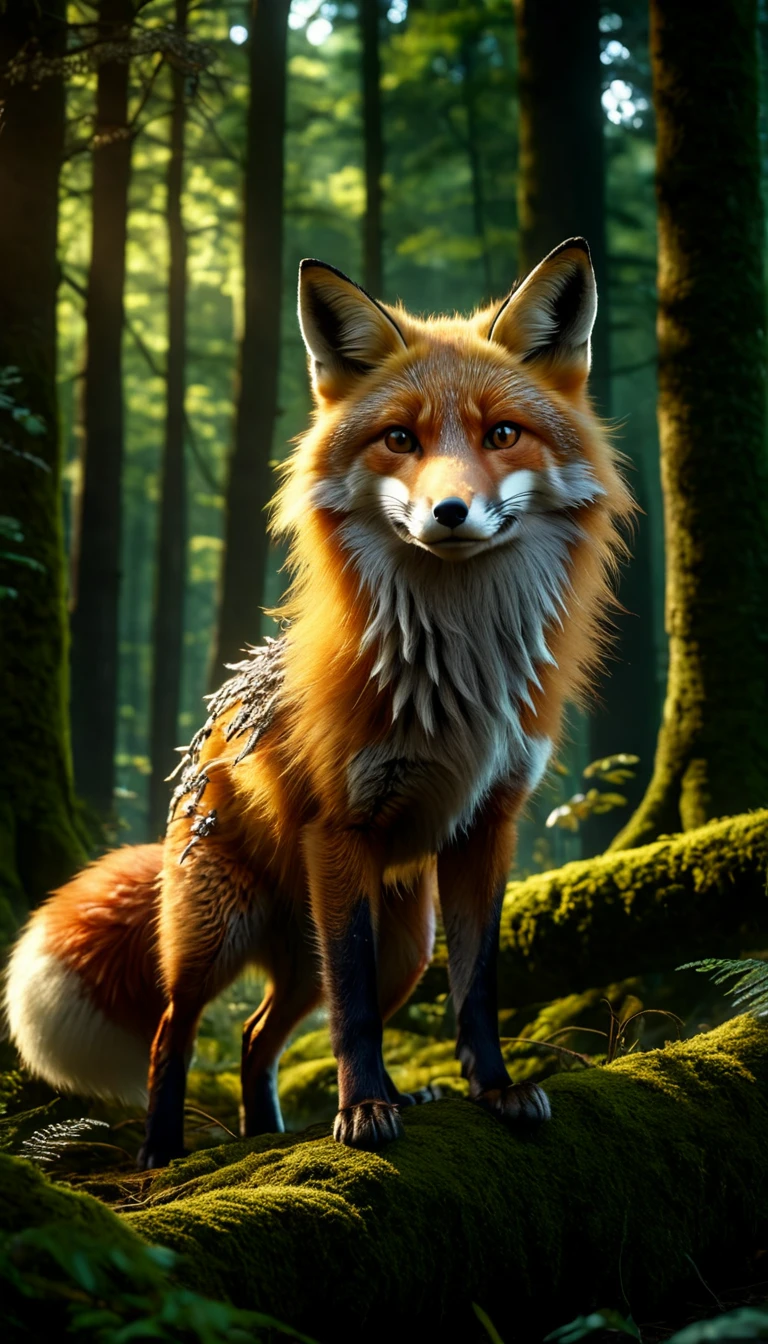 Panorama,A wild beast in the forest,Looks like a fox and has nine tails,Mysterious Creatures, shrike, (best quality,4K,8K,High level,masterpiece:1.2),Ultra Detailed,(lifelike,Photo real,Photo real:1.37),Highly detailed animals,Complex patterns,Realistic lighting,Fantasy Creatures