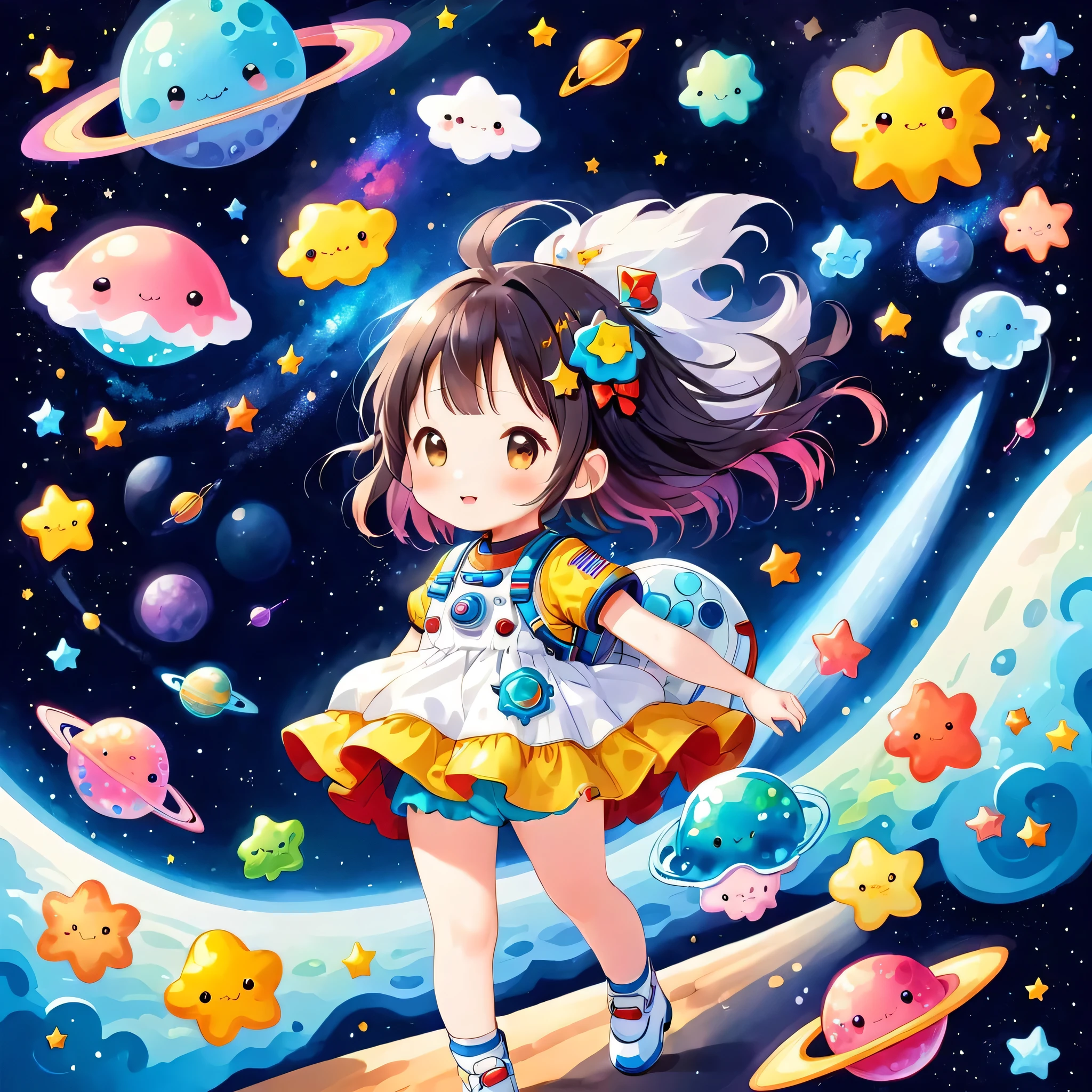 Mika Pikazo style、Kawaii Design, The most beautiful girl of all time、chibi, (((Cute and colorful amoeba))), (((Space Exploration)))