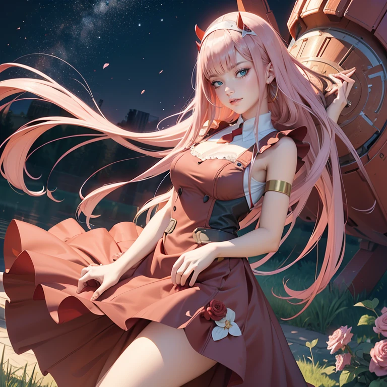 Zero Two, long hair, pink hair, two red horns, long flowing hair, floating hair, ornament hair, perfectly body, perfectly hands, dark pink roses, maid, maid style, maid headdress, maid apron, white apron, on garden, a lake with carpas on background, petals in the air, seat on the grass, centered girl, maid dress, red skirt, skirt whit layers, red shirt, more details on her clothes, dress with transparency, golden details, daylight, smiling, ((4k, masterpiece, top-quality)),8k, best quality, high resolution, UHD, (illustration:0.8), super cute girl, delicate and beautiful face, 1girl, solo, mature girl, super cute hairstyle, (beautiful detailed eyes:1.6), extremely detailed face, perfect lighting, extremely detailed CG, (perfect hands, perfect anatomy), Best quality, cleavage, small skirt, full Body, two arms, two legs, two hands, five fingers