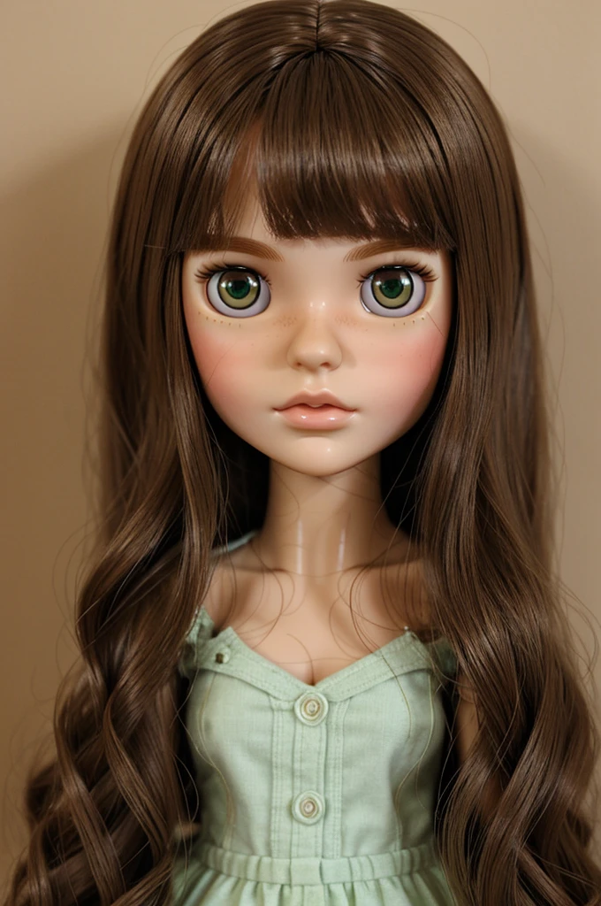 create a blythe doll with long brown hair without bangs, green eyes and a mole on the cheek