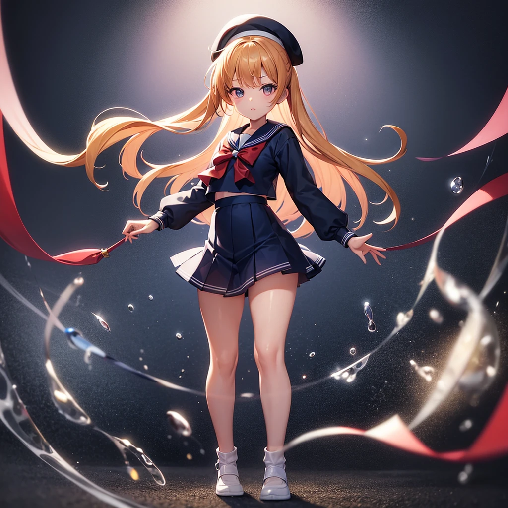 ((Sailor suit)),Big red ribbon,(((Navy Mini Skirt))),beret,Cute little loli,Tiny Lori,Small girl,,Childish face, Very fine clean face,Top quality, Big eyes,Straight Hair,Yellow hair,Crimson Eye,(Dark Room), Subtle light, Natural light,Soft lighting,Light from directly behind, (Are standing), Cute pose, Open your hands, Showing the whole body,Front view,Black background