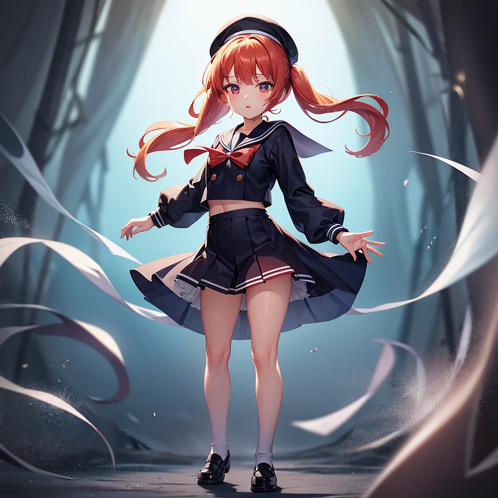 ((Sailor suit)),Big red ribbon,(mini skirt),beret,Cute little ,Tiny Lori,Small girl,,Childish face, Very fine clean face,Top quality, Big eyes,Straight Hair,Yellow hair,Crimson Eye,(Dark Room), Subtle light, Natural light,Soft lighting,Light from directly behind, (Are standing), Cute pose, Open your hands, Showing the whole body,Front view,Black background