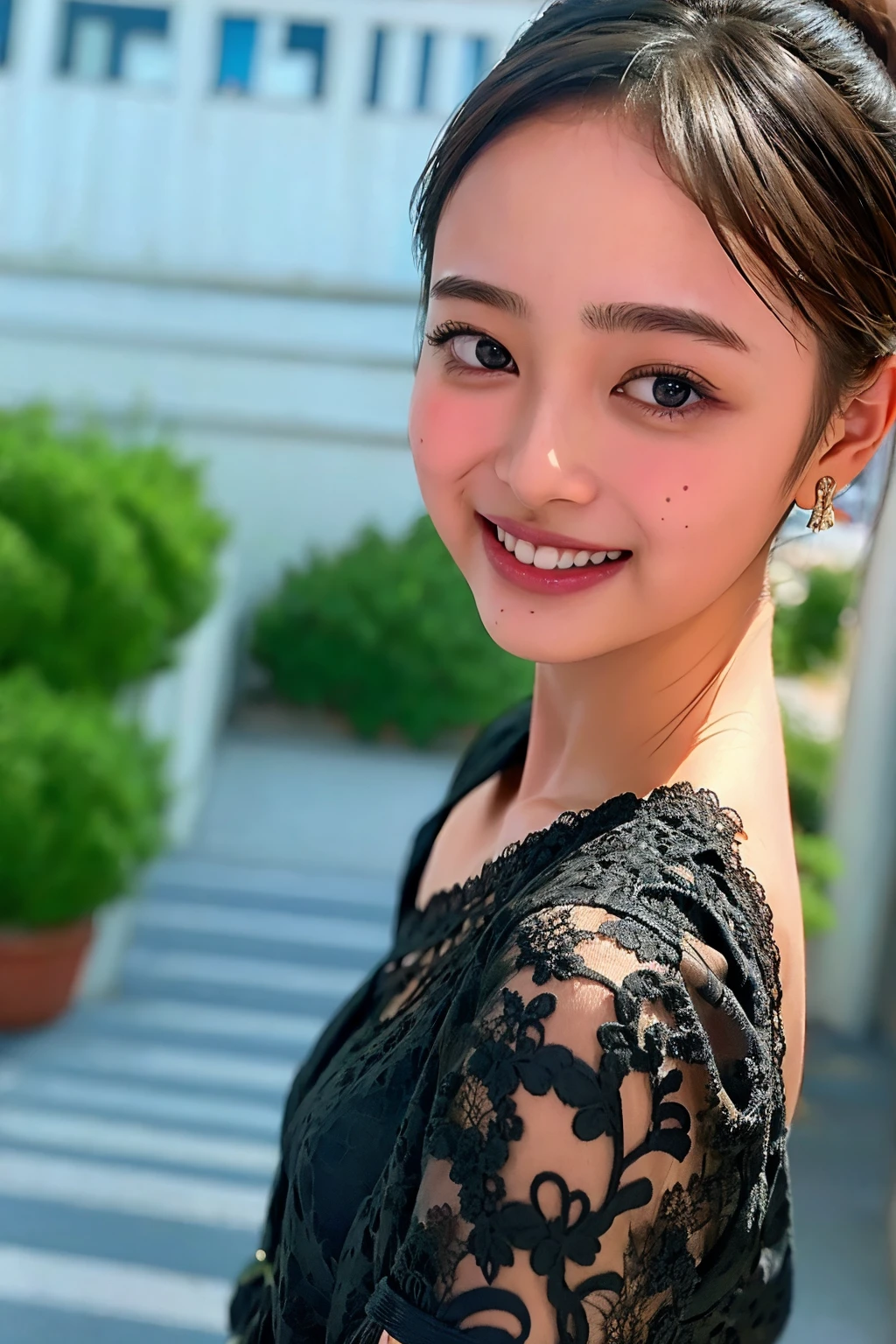 (((upper body shot))),Ultra-high resolution,big eyes,((brown eyes)),Japanese,(forehead),(a girl),(1 girl),((17 years old)),(cute),pretty,((facing at viewer)),arms behind back,grin,(((black lace shirt)))