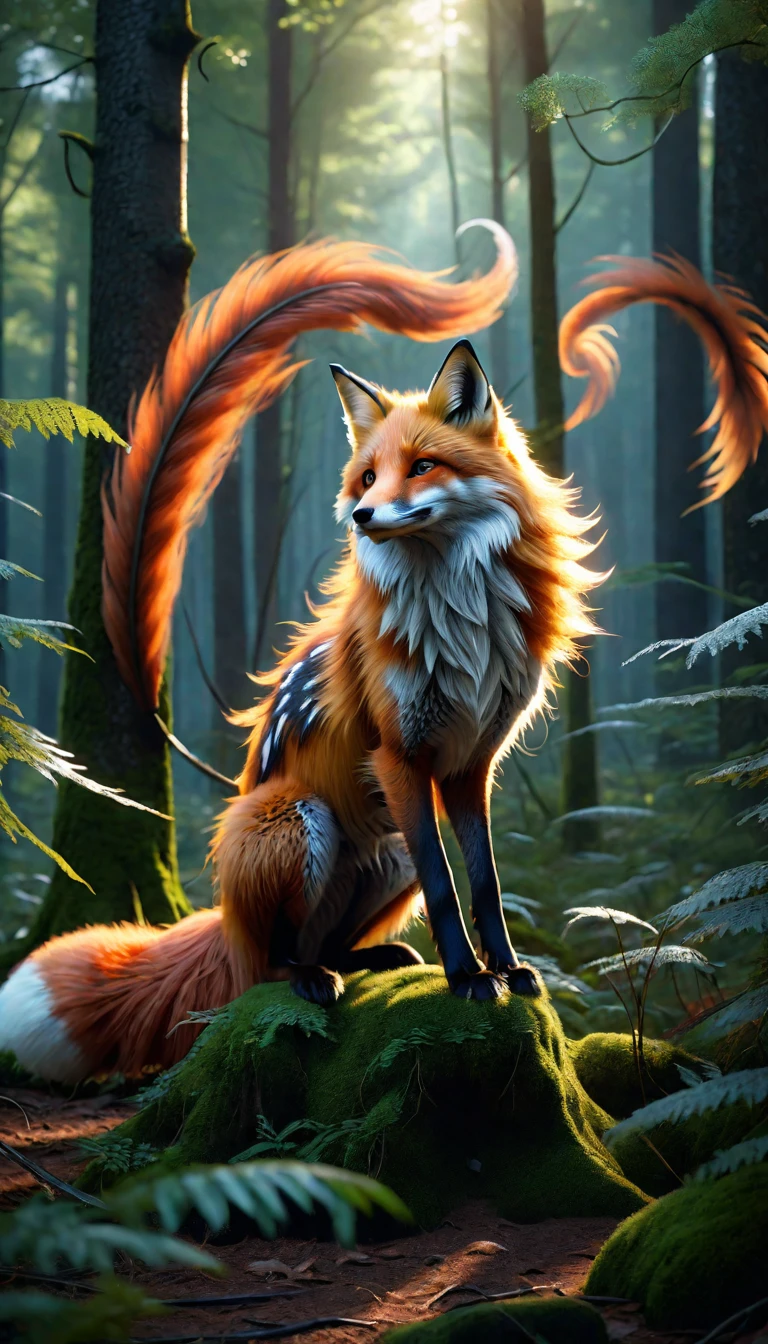 Panorama，A wild beast in the forest，Looks like a fox and has nine tails，Mysterious Creatures, shrike, (best quality，4K，8K，High level，masterpiece：1.2），Ultra Detailed，（lifelike，Photo real，Photo real：1.37），Highly detailed animals，Complex patterns，Realistic lighting，Fantasy Creatures