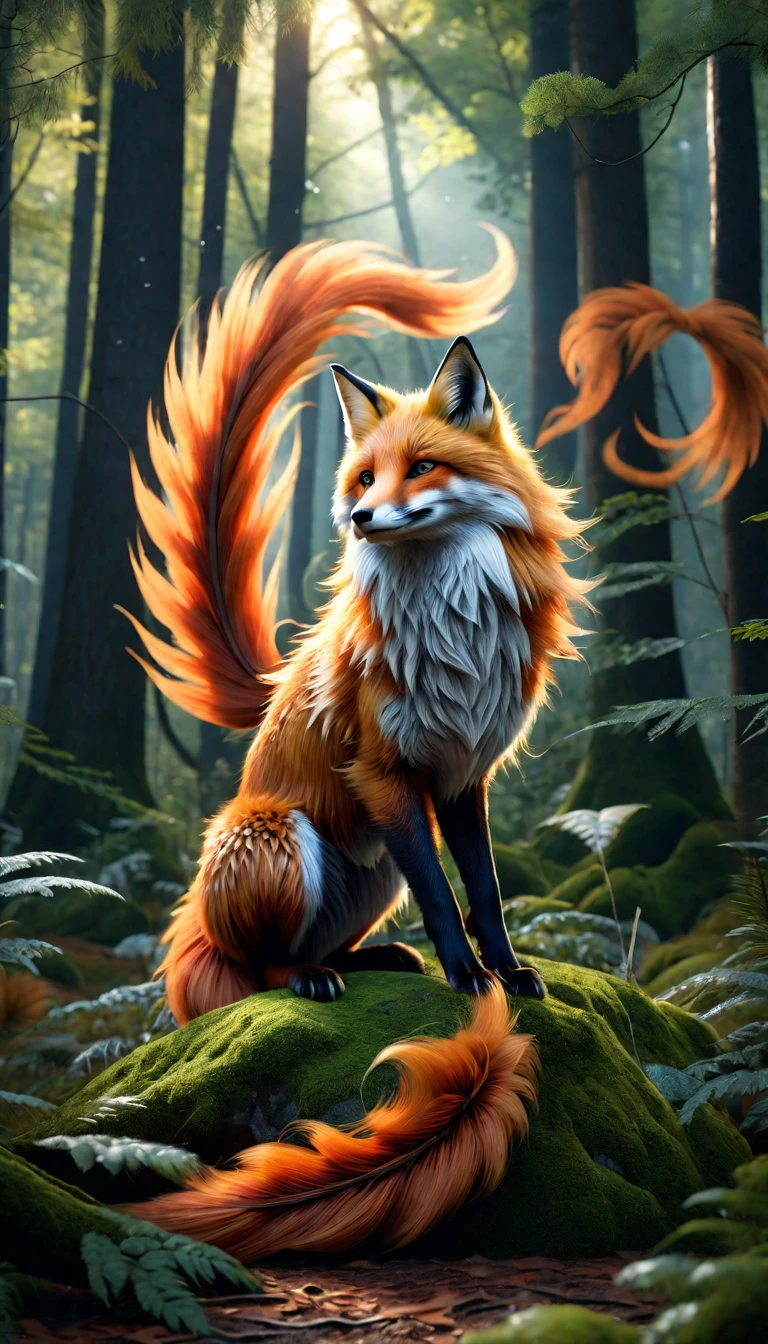 Panorama,A wild beast in the forest,Looks like a fox and has nine tails,Mysterious Creatures, shrike, (best quality,4K,8K,High level,masterpiece:1.2),Ultra Detailed,(lifelike,Photo real,Photo real:1.37),Highly detailed animals,Complex patterns,Realistic lighting,Fantasy Creatures
