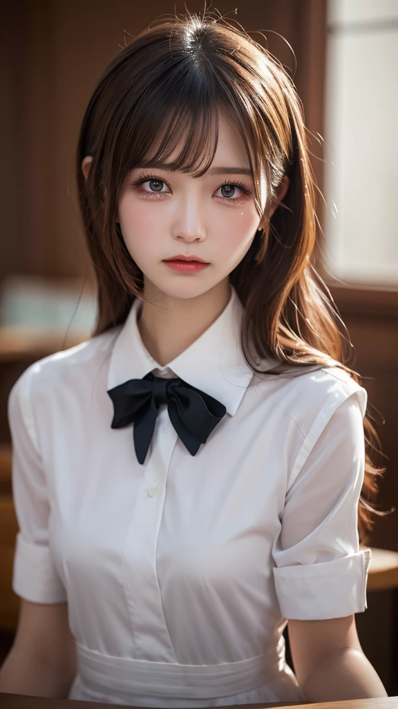 Tabletop, Highest quality, shape, Very detailed, In detail, High resolution, 8k wallpaper, Perfect dynamic composition, Beautiful details, White Magic Academy Uniform, Natural Lip,Asymmetrical Wave Hairstyle, Crying face、tears