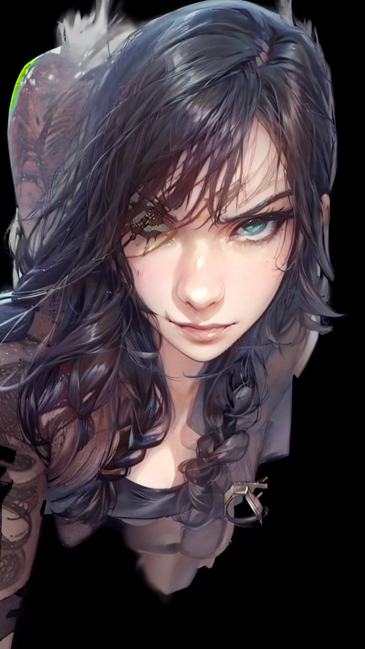 (portrait:1.2),1girl,(30 years old woman),samira \(league of legends\),braid,long hair,black hair,tattoos,arm tattoo,black leather croptop,(brown skin:1.2),mouth mole,mole in mouth,(eye patch:1.3),green eye,jewelry,smug, smirk,arrogant expression,agressive expression,agressive face,(angry),(grin widely),superior look,(gesugao),sadistic smile,gesugao expression,fire background,ruins,fire,masterpiece,extremely detailed CG unity 8k wallpaper, best quality,32k,focus sharp, sharp_eyes