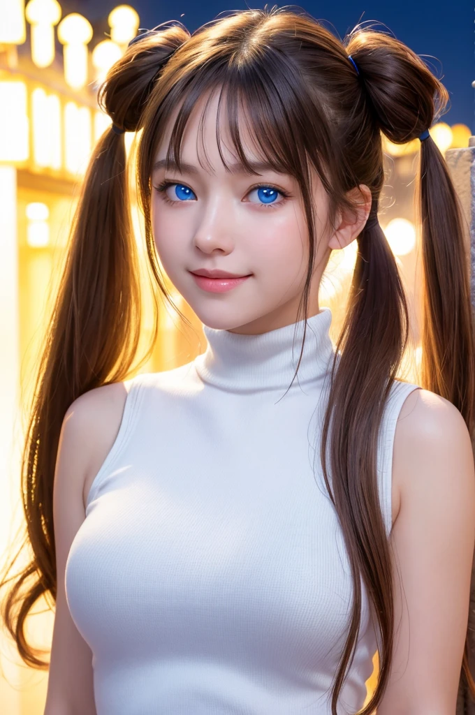 (masterpiece), (best quality), Ultra-high resolution, Raw photo, A photo-realistic, super cute woman, 1girl, (perfect face:1.2), (beautiful face:1.2), long white hair, twin tails, (from under, portrait:1.3), happy, light smile, looking at viewer, pose, turtleneck shirt, sleeveless shirt, outdoors, night time, intricate, depth of field, cinematic lighting, blue eyes,