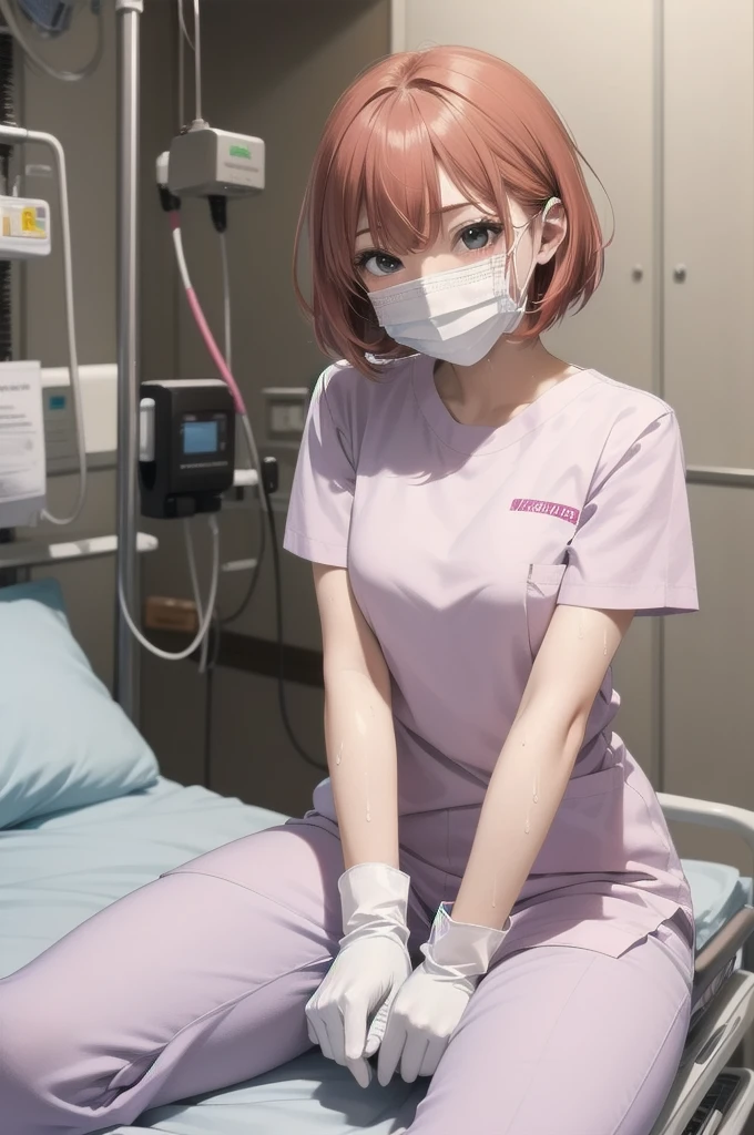 Beautiful young woman, Anime Style, Detailed face, Redhead, Wet Hair, Big eyes, pinkの目, Delicate features,One Girl, alone, nurse, pink, White gloves, Very short hair, Orange Hair, ((White surgical mask, Covered Nose)),Lying in bed, ((Hospital room)), Sharp contours, Short sleeve, Tomboy, boyish, Highest quality, masterpiece、No hat、erotic、sexy、Masturbation、pants、pinkローター、barefoot、Thighs、Place a pillow between your legs、A nice face、Embarrassed face、Hospital roomのベッド