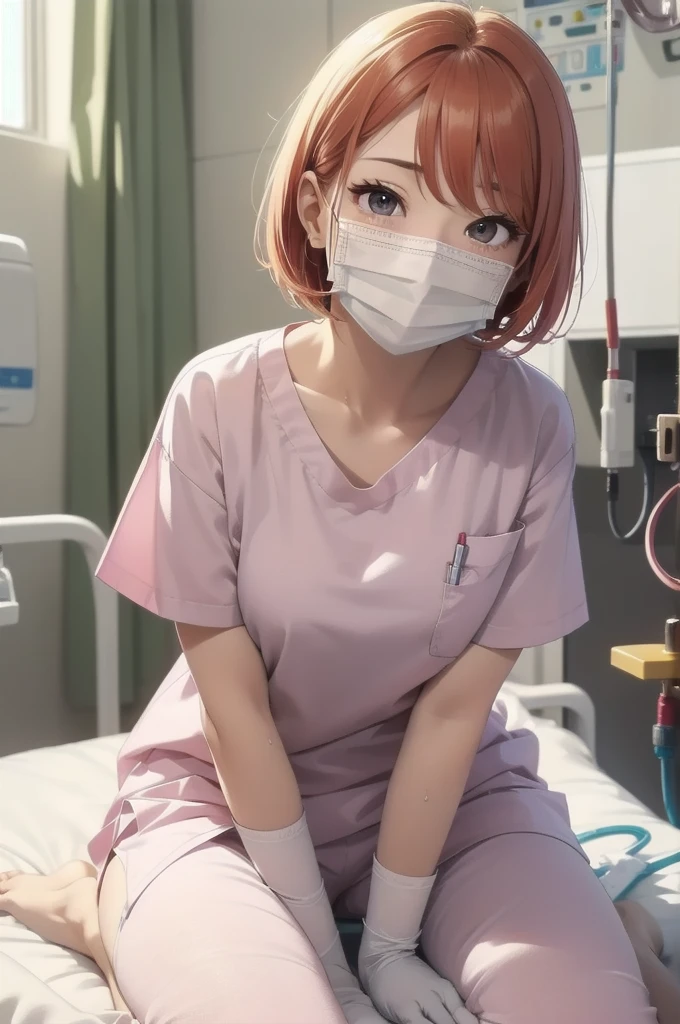 Beautiful young woman, Anime Style, Detailed face, Redhead, Wet Hair, Big eyes, pinkの目, Delicate features,One Girl, alone, nurse, pink, White gloves, Very short hair, Orange Hair, ((White surgical mask, Covered Nose)),Lying in bed, ((Hospital room)), Sharp contours, Short sleeve, Tomboy, boyish, Highest quality, masterpiece、No hat、erotic、sexy、Masturbation、pants、pinkローター、barefoot、Thighs、Place a pillow between your legs、A nice face、Embarrassed face、Hospital roomのベッド