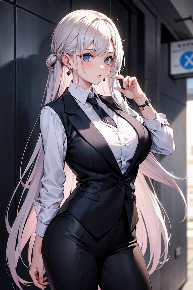 1 girl, elegant, beautiful, office lady, white shirt, black short pencil skirt, night, slim body, long hair, pen, biting