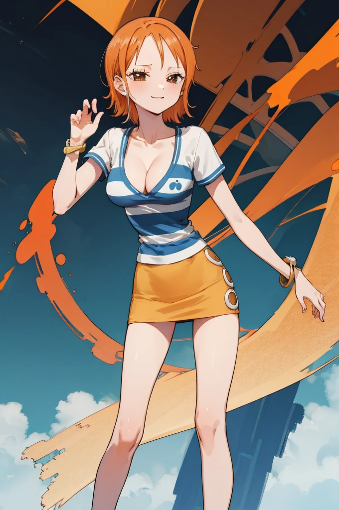 masterpiece, best quality, highres, nami (one piece), short hair, orange hair, brown eyes, cleavage, striped shirt, white shirt, short sleeves, bracelet, miniskirt, yellow skirt, sunset, standing