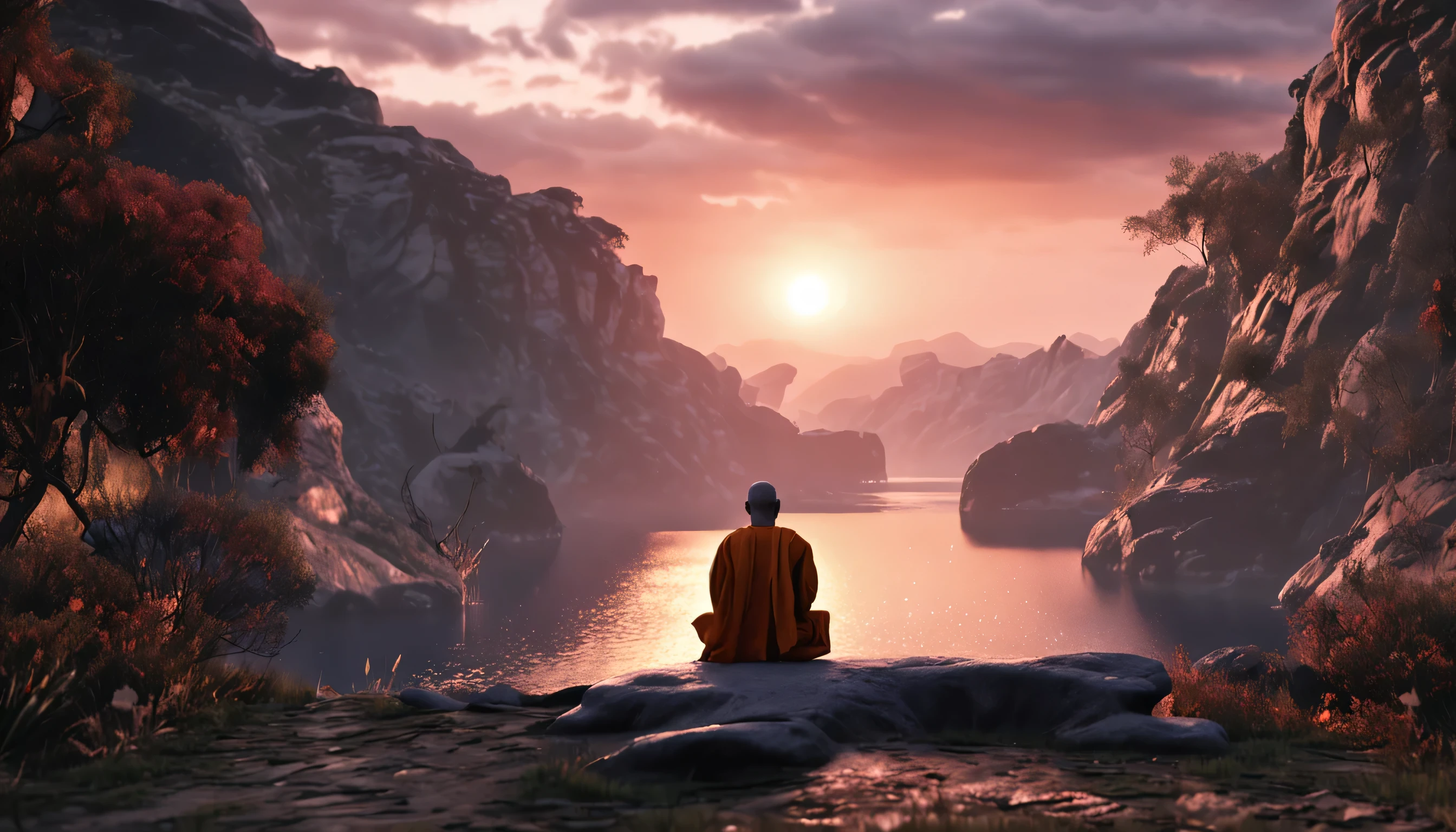 Mature monk sitting in meditation pose, Admire the beautiful horizon at sunset, Humans have a deep connection with God, The landscape is very detailed, surreal man, all good,it's beautiful, Ultra-high quality. 8K realism