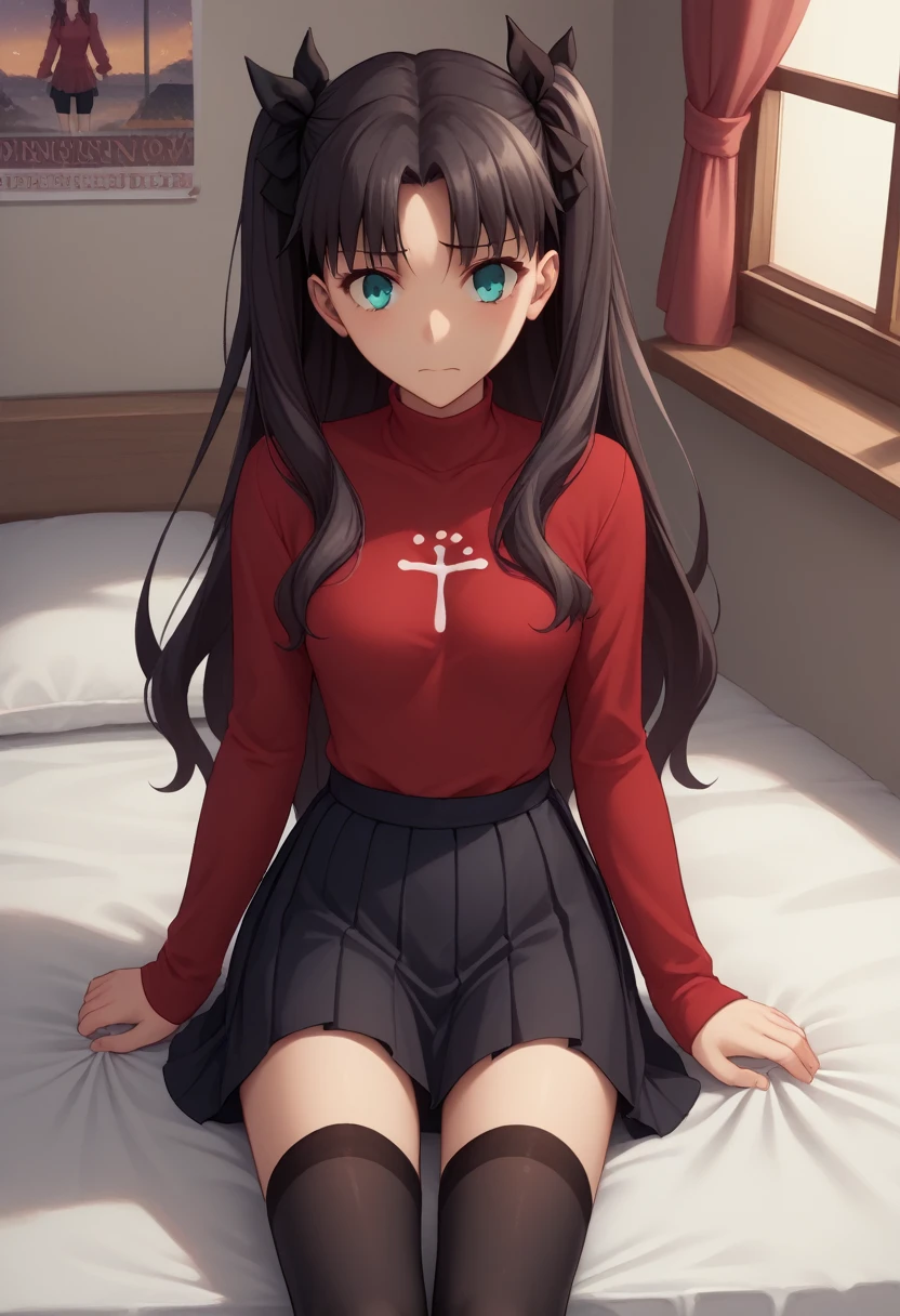 score_9, score_8_up, score_7_up, source_anime,1girl,
,
cute, beautiful,young,
Large four poster bed, bedroom,maroon silk sheets,a window with a night sky view, at night, nervous,
nsfw,
from above,
,
hi-res, 8k, rin tohsaka, {aqua eyes, black hair, hair ribbon, long hair, ribbon, sidelocks, two side up, parted bangs,, black skirt, black thighhighs, long sleeves, miniskirt, pleated skirt, red sweater, skirt, sweater, thighhighs, turtleneck,