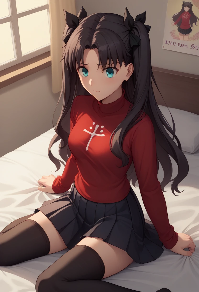 score_9, score_8_up, score_7_up, source_anime,1girl,
,
cute, beautiful,young,
Large four poster bed, bedroom,maroon silk sheets,a window with a night sky view, at night, nervous,
nsfw,
from above,
,
hi-res, 8k, rin tohsaka, {aqua eyes, black hair, hair ribbon, long hair, ribbon, sidelocks, two side up, parted bangs,, black skirt, black thighhighs, long sleeves, miniskirt, pleated skirt, red sweater, skirt, sweater, thighhighs, turtleneck,