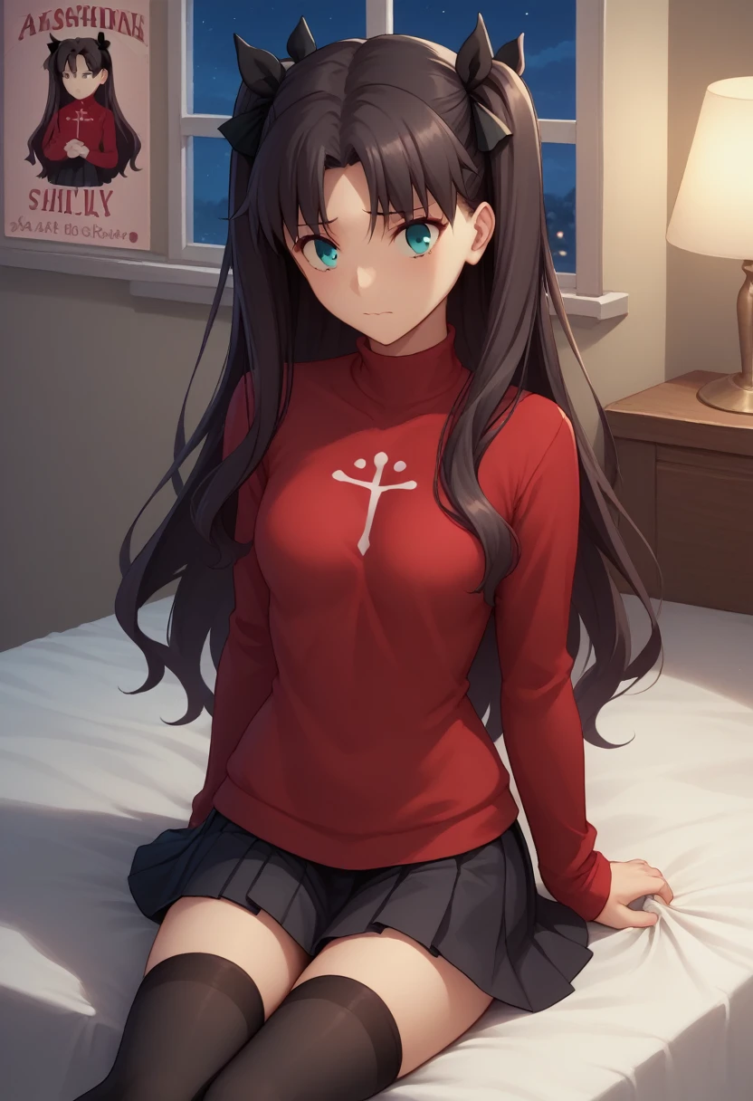 score_9, score_8_up, score_7_up, source_anime,1girl, , cute, beautiful,young, Large four poster bed, bedroom,maroon silk sheets,a window with a night sky view, at night, nervous, nsfw, from above, , hi-res, 8k, rin tohsaka, {aqua eyes, black hair, hair ribbon, long hair, ribbon, sidelocks, two side up, parted bangs,, black skirt, black thighhighs, long sleeves, miniskirt, pleated skirt, red sweater, skirt, sweater, thighhighs, turtleneck, blush, panties, skirt lift
