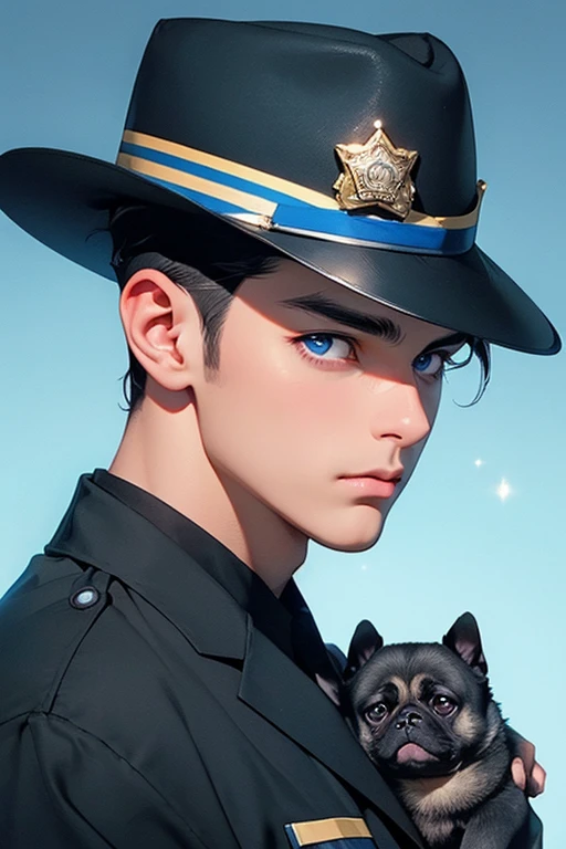 (((32k))),(((Highest quality))),(The perfect man)Police Officer、Policeman、Beautiful black hair、Shining blue eyes、Dogs are my companions、I like pug dogs、Sparkling、high resolution、sense of cleanliness、uniform、uniform、Sidelong glance、colorful、Strong looking man、Close-up、punch、Defeat the enemy、hat、I&#39;m saluting