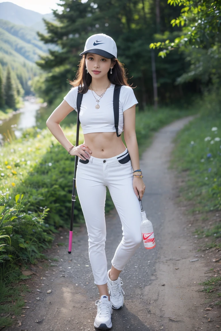 Carrying a large yellow waterproof hiking backpack, with a Polaroid camera in the left hand and a hiking pole in the right hand. Wearing a white hiking hat, a white tight-fitting T-shirt tied in a knot at the hem to reveal a toned midriff with defined abs, and white tight-fitting pants paired with white NIKE AIR FORCE athletic shoes. Adorned with a necklace, earrings, bracelets, and various bohemian (hippie) style hiking accessories, including a small waist bag and a water bottle. A happy full-body photo while hiking, with a background of a deep mountain wilderness trail!long legs!!