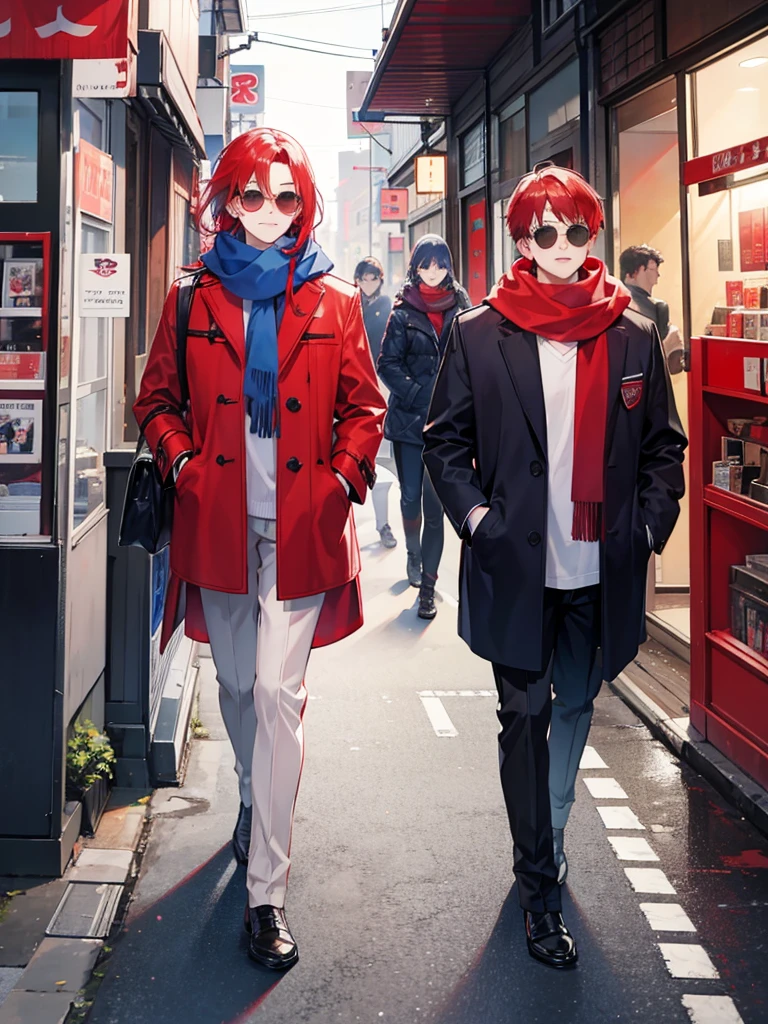 young man, with red hair,little chubby,with sunglasses, wearing a red overcoat, and a blue scarf, walking the streets of Tokyo
