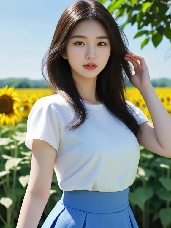 Asian Arafed woman wearing a white shirt and blue skirt standing in a sunflower field, gorgeous young korean woman, beautiful south korean woman, beautiful young korean woman, Japanese model, beautiful asian girl, Hot with bright sunlight, Korean girl, Gorgeous Chinese model, korean woman, beautiful asian woman, Attractive posture, young asian girl, young asian woman, beautiful female model