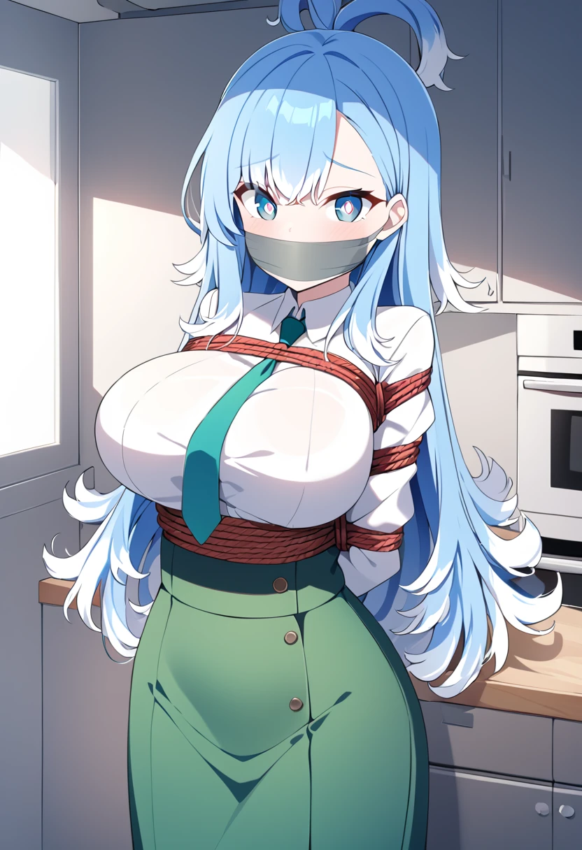 score_9, score_8_up, source_anime, 1girl, solo, KoboKanaeru, blue eyes, long hair, blue hair, colored tips, white hair, high-waist skirt, long skirt, green necktie,green skirt, white shirt, long sleeves, , standing, indoors,house kitchen, (bound with an excessive amount of ropes), (bound wirsts), (arms behind back), (tapegag, tape gag), dramatic, (looking at viewer), (detailed pupils:1.3),pencil skirt,big breast