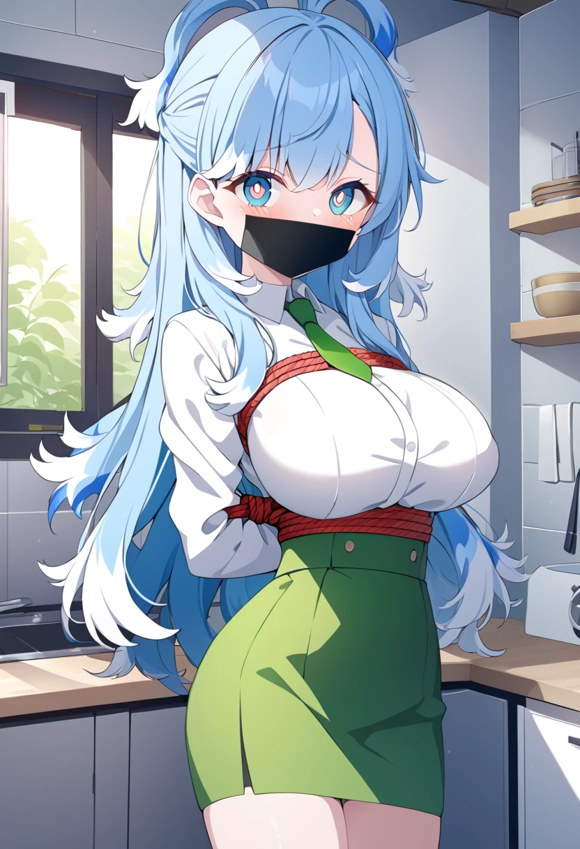 score_9, score_8_up, source_anime, 1girl, solo, KoboKanaeru, blue eyes, long hair, blue hair, colored tips, white hair, high-waist skirt, long skirt, green necktie,green skirt, white shirt, long sleeves, , standing, indoors,house kitchen, (bound with an excessive amount of ropes), (bound wirsts), (arms behind back), (tapegag, tape gag), dramatic,  (looking at viewer), (detailed pupils:1.3),pencil skirt,big breast 