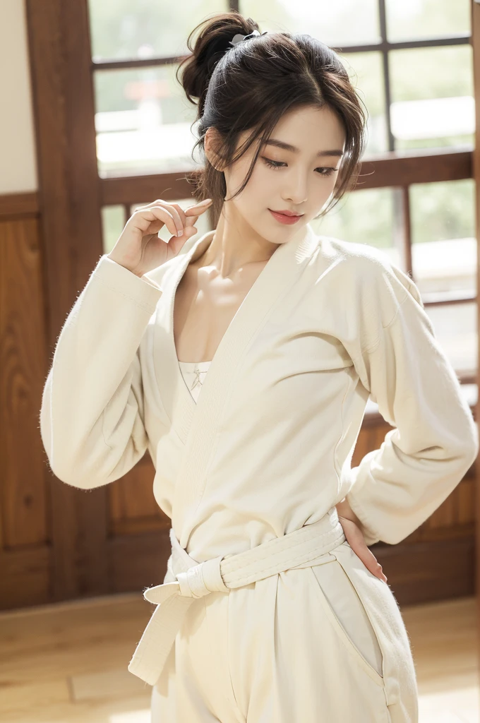 (((best quality))),(((ultra detailed))),(((masterpiece))),illustration,1girl,solo,short ponytail,slim,thin,small breasts,flat chest,serene,judo gym,white judogi,white judo pants,fair skin,blush,confident,determined,vibrant,cheerful,petite frame,nimble movements,elegant posture,soft color,femininity,judo belt,dedication,skill,mat,smooth movements,precise,upright posture,firm grip,techniques,tranquility,respect,commanding,approachable,warm smile,passion,attire,demeanor,beauty,strength,grace,harmony,focus,art of judo,determined spirit,standing,Full body