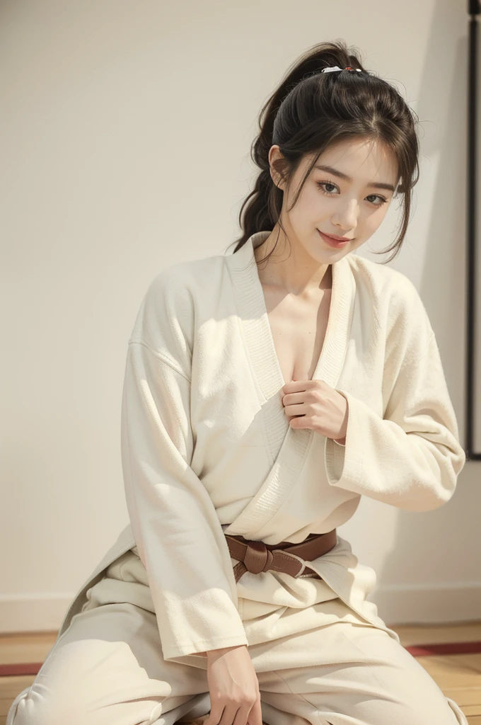 (((best quality))),(((ultra detailed))),(((masterpiece))),illustration,1girl,solo,short ponytail,slim,thin,small breasts,flat chest,serene,judo gym,white judogi,white judo pants,fair skin,blush,confident,determined,vibrant,cheerful,petite frame,nimble movements,elegant posture,soft color,femininity,judo belt,dedication,skill,mat,smooth movements,precise,upright posture,firm grip,techniques,tranquility,respect,commanding,approachable,warm smile,passion,attire,demeanor,beauty,strength,grace,harmony,focus,art of judo,determined spirit,standing,Full body