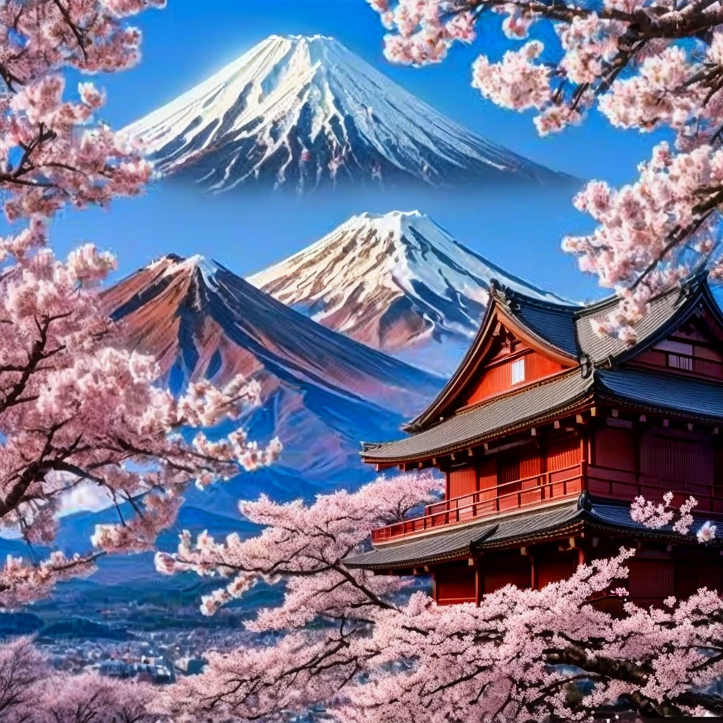 Arabian style view of the mountains with cherry blossom trees in the foreground, mount Fuji Mountain in the background, mount Fuji Mountain, Japan Deeper Journey Exploration, sakura season, mount Fuji Mountain background, mount Fuji Mountain on the background, Japanese Nature, Cherry blossom tree in the background, mount. Fuji Mountain, Japan Tourism, Fuji Mountain choko, The aesthetics of travel in Japan, Japan Travel and Tourism, Cherry blossoms bloom