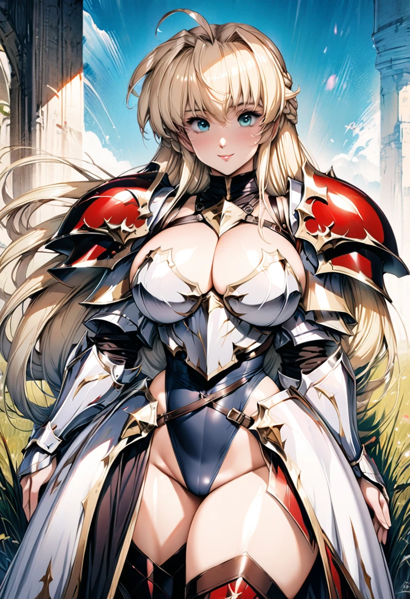 ((highest quality)), ((masterpiece)), ((hyperrealistic)), (detailed background), solo, 1girl, ((curvy: 1.2)), kawaii, smile, dark princess, ((armored dress: 1.3)), langrisser, blonde braided long hair, Ahoge, (paladin magic armor), ((Tight-fitting leotard bodysuit)), ((huge breasts)), ((arm guard gauntlet)), (metal harness breastplate), body harness, belt waist armor, ((zettai ryouiki knee socks boots)), (big butt), (cleavage cutout), (Groin), (thighs), beautiful aqua eyes, droopy eyes, perfect face, Perfect hands, perfect fingers, Blue sky and grassland, posing, elegant pose