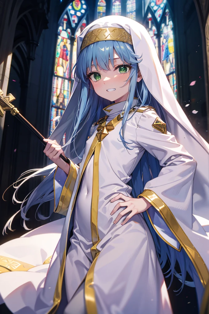 index, index, (Green Eyes:1.5), Blue Hair, Long Hair, (Flat Chest:1.2),Grin,
break habit, Long sleeve, Nuns, Robe, white Robe, Wide sleeves,Long skirt,boots,Put your right hand on your hip,In his left hand he holds a long staff bearing a holy cross,whole bodyがイラストに入るように,
break looking at viewer, whole body,
break indoors, church,
break (masterpiece:1.2), Highest quality, High resolution, unity 8k wallpaper, (figure:0.8), (Beautiful attention to detail:1.6), Highly detailed face, Perfect lighting, Highly detailed CG, (Perfect hands, Perfect ???????),