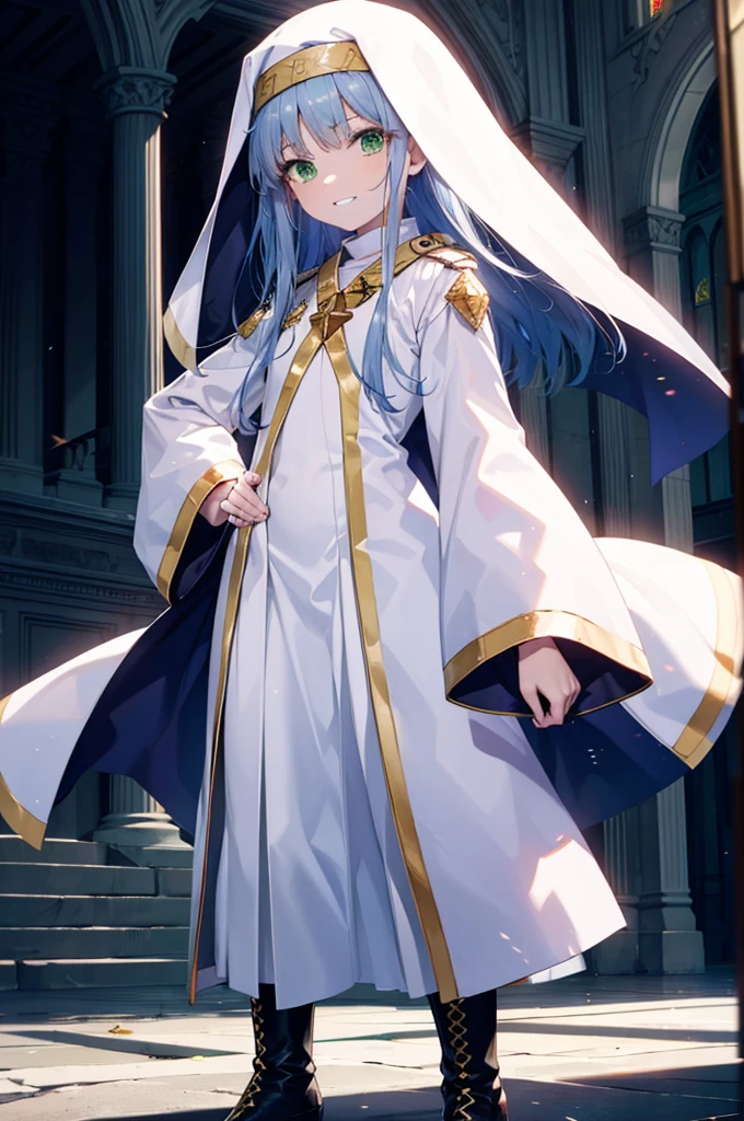 index, index, (Green Eyes:1.5), Blue Hair, Long Hair, (Flat Chest:1.2),Grin,
break habit, Long sleeve, Nuns, Robe, white Robe, Wide sleeves,Long skirt,boots,Put your right hand on your hip,In his left hand he holds a long staff bearing a holy cross,whole bodyがイラストに入るように,
break looking at viewer, whole body,
break indoors, church,
break (masterpiece:1.2), Highest quality, High resolution, unity 8k wallpaper, (figure:0.8), (Beautiful attention to detail:1.6), Highly detailed face, Perfect lighting, Highly detailed CG, (Perfect hands, Perfect Anatomy),