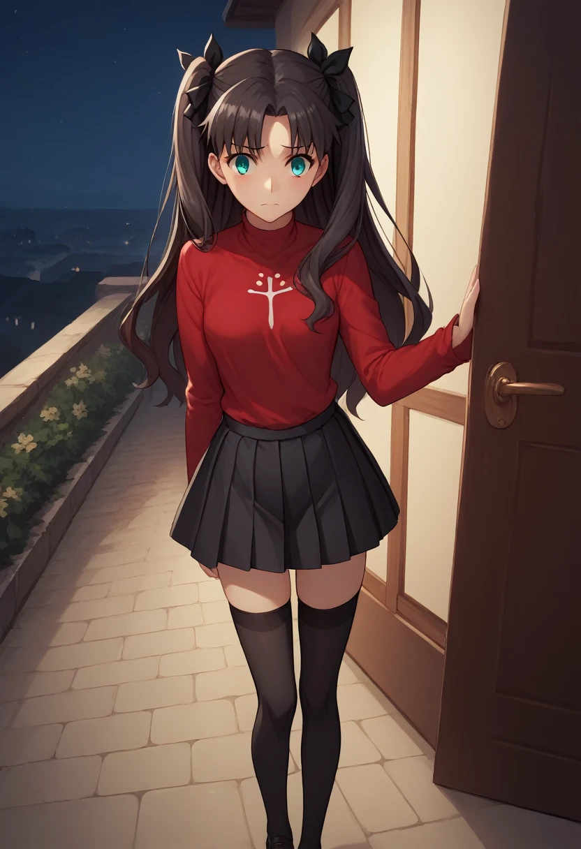 score_9, score_8_up, score_7_up, source_anime,1girl,
,
cute, beautiful,young,
Standing on a doorstep, in front of the door of a victorian mansion, at night, nervous,
nsfw,
from above,
,
hi-res, 8k, rin tohsaka, {aqua eyes, black hair, hair ribbon, long hair, ribbon, sidelocks, two side up, parted bangs,, black skirt, black thighhighs, long sleeves, miniskirt, pleated skirt, red sweater, skirt, sweater, thighhighs, turtleneck,