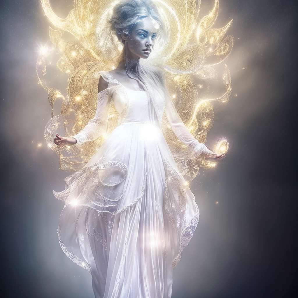 Very real image. Beautiful extraterrestrial goddess, with a long neck, big head, slanted eyes, tiny nose, bright blue luminous dots come out of her neck, she wears a white ruffled dress, she radiates golden lights. Photorealism, full view, highly detailed image, very realistic, hyperrealism, Ultra HD, 8k, 5, sharp focus, intricate and mysterious masterpiece. (Long exposure photography Very detailed close-up portrait artistic illustration: final quality, medium shot, backlight, Rich and striking. Enigmatic and mysterious manipulations (composition of the rule of thirds), ((detailed environment with strong lines) The best quality, in camera, white light, warm and clean aesthetics, dazzling screen composed of millions of brilliant ultraviolet rays, HDR.
