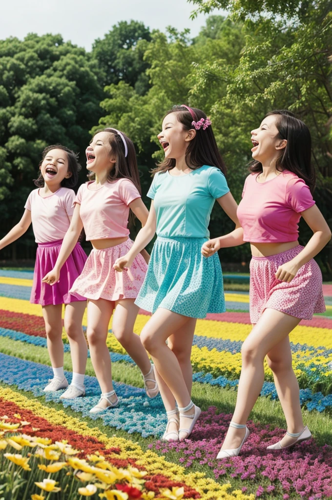 A group of happy nursery friends singing and dancing in a colorful field. 