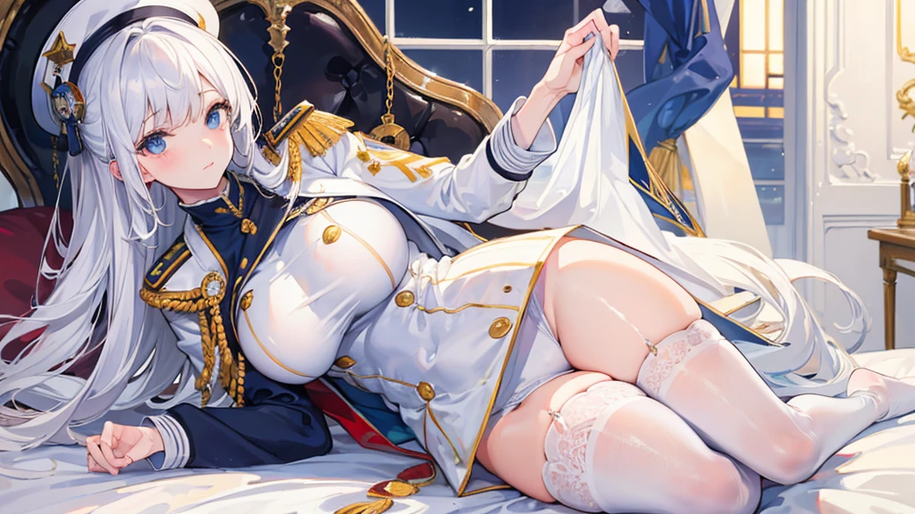 ((best quality)), ((masterpiece)), (detailed), Mommy, captain hat, White Naval uniform, White jacket in shoulder, White stocking, big breast
