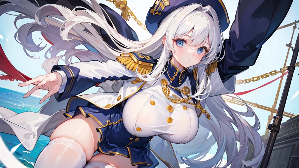 ((best quality)), ((masterpiece)), (detailed), Mommy, captain hat, White Naval uniform, White jacket in shoulder, White stocking, big breast