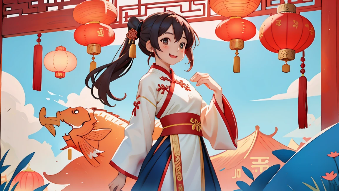 （masterpiece，quality，Best quality，Official Art，Beauty and aesthetics：1.2），（1 cute girl：1.3），Solitary，Brown ponytails,Hair accessories, (Chinese fabric:1.2), Hanfu，Smile，Happy，Happy，CNY,Welcoming the Winter Solstice，Very detailed content，（Fractal Art：1.1），（One color：1.1）（Red carp swimming in the air：1.3），Big red lanterns hang high，（ Tangled:1.2), (Dynamic poses), (Blue Background:1.3), (皮肤容Light焕发), (Many colors:1.2), Decorative paintings：1.3，），Light,ink画和ink画，ink，Red background，