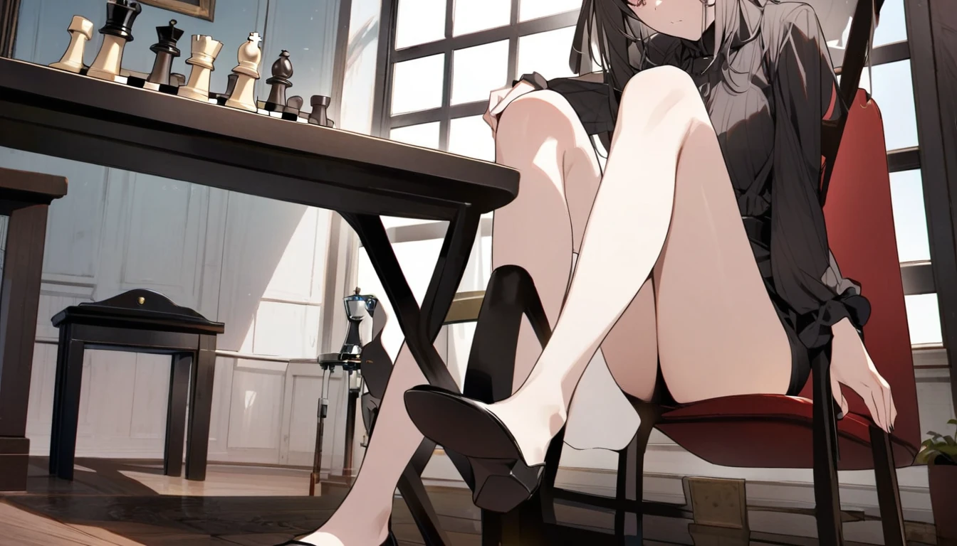 A room with a chessboard、Black cat、Woman sitting on a chair with her legs crossed