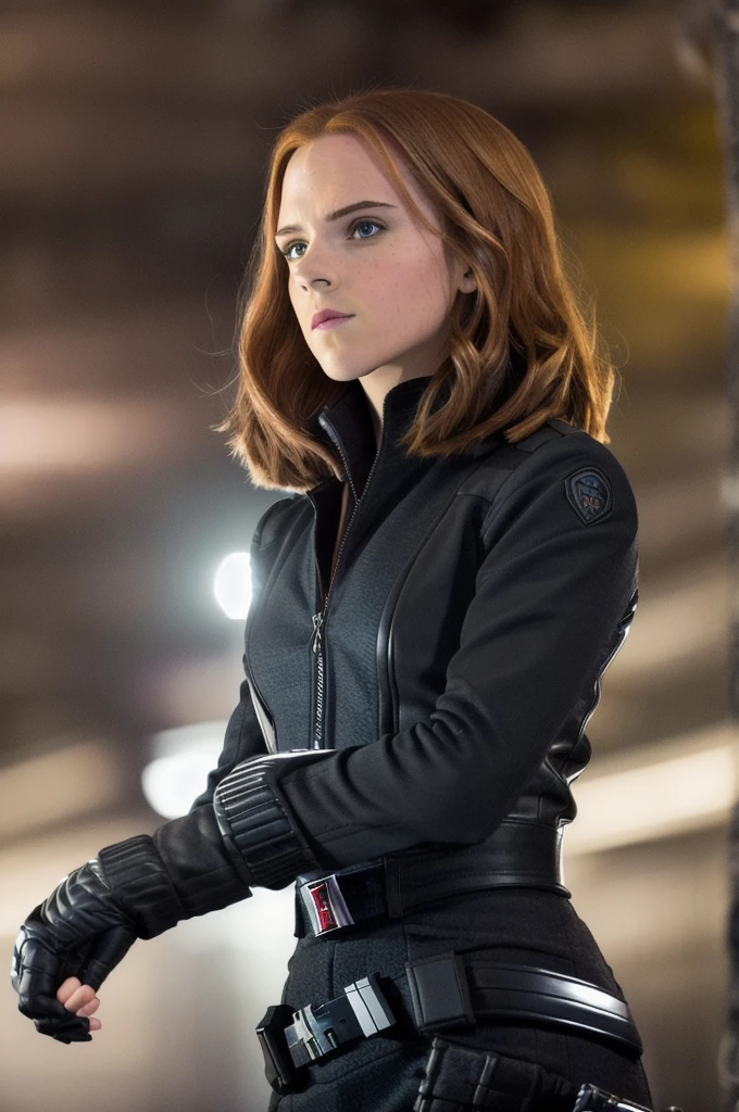 Photo of the woman, Emma Watson Black Widow, Halber Body, Body, Fingerless Gloves, The audience watches, the night, City Street, (highly detailed skin:1.2), 8K  UHD, dslr, soft lighting, good quality, film grain, Fujifilm XT3 