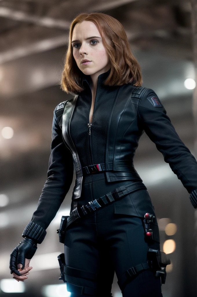 Photo of the woman, Emma Watson Black Widow, Halber Body, Body, Fingerless Gloves, The audience watches, the night, City Street, (highly detailed skin:1.2), 8K UHD, dslr, soft lighting, good quality, film grain, Fujifilm XT3