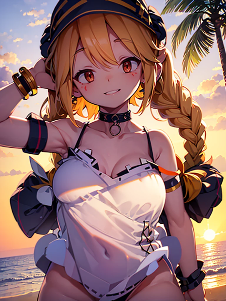 1girl, bandages, bandana, bare_shoulders, beach, blonde_hair, bracelet, braid, breasts, choker, cleavage, cloud, collarbone, dark-skinned_female, dark_skin, doubt_(thedo_ubt), highres, jewelry, khanae_(tomarius), lips, long_hair, looking_at_another, ocean, orange_eyes, original, outdoors, sand, scar, sky, smile, solo, tree, best quality, masterpiece, nai3