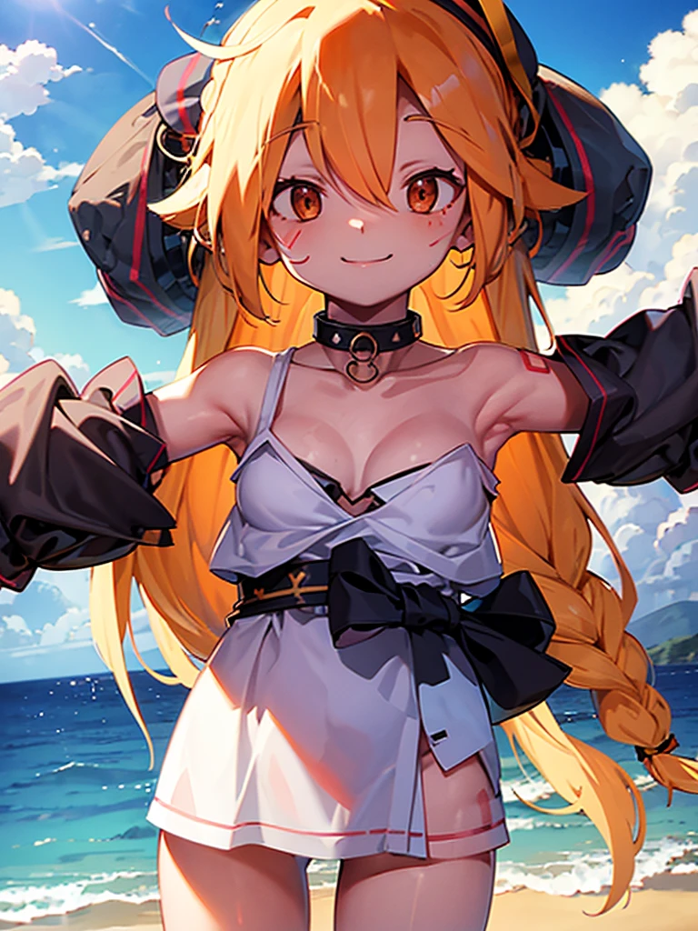 1girl, bandages, bandana, bare_shoulders, beach, blonde_hair, bracelet, braid, breasts, choker, cleavage, cloud, collarbone, dark-skinned_female, dark_skin, doubt_(thedo_ubt), highres, jewelry, khanae_(tomarius), lips, long_hair, looking_at_another, ocean, orange_eyes, original, outdoors, sand, scar, sky, smile, solo, tree, best quality, masterpiece, nai3