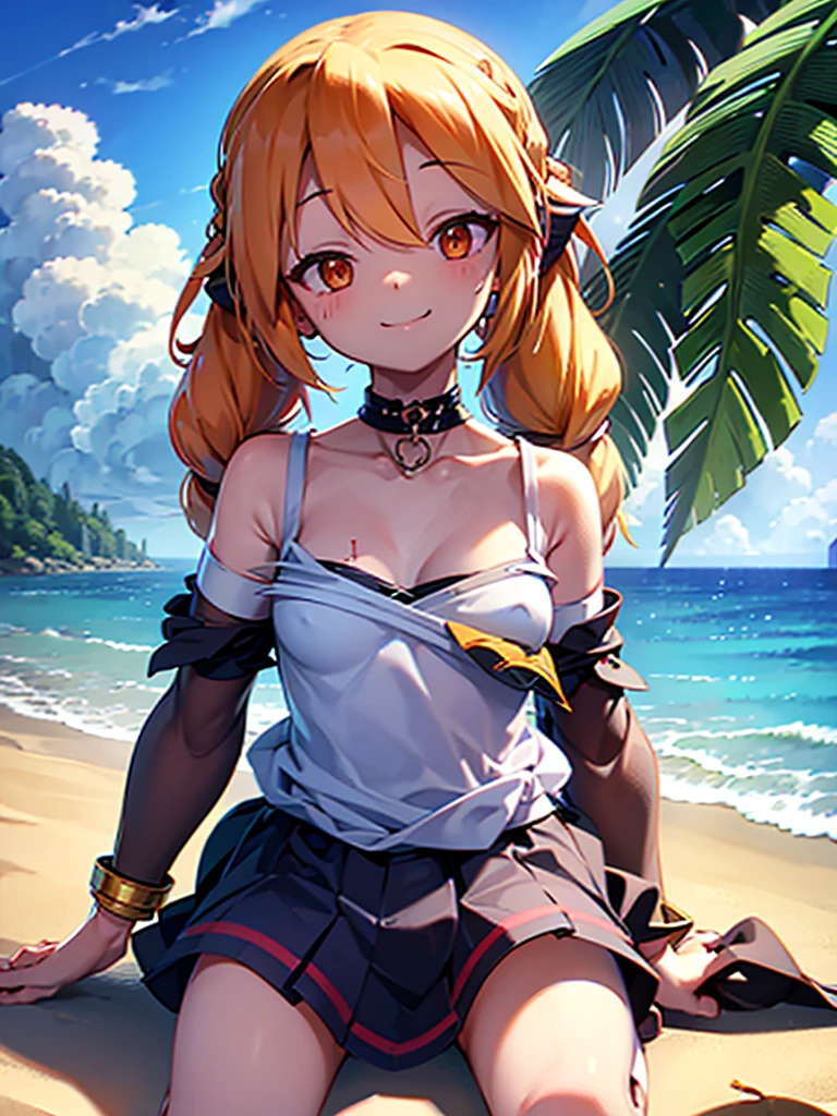 1girl, bandages, bandana, bare_shoulders, beach, blonde_hair, bracelet, braid, breasts, choker, cleavage, cloud, collarbone, dark-skinned_female, dark_skin, doubt_(thedo_ubt), highres, jewelry, khanae_(tomarius), lips, long_hair, looking_at_another, ocean, orange_eyes, original, outdoors, sand, scar, sky, smile, solo, tree, best quality, masterpiece, nai3