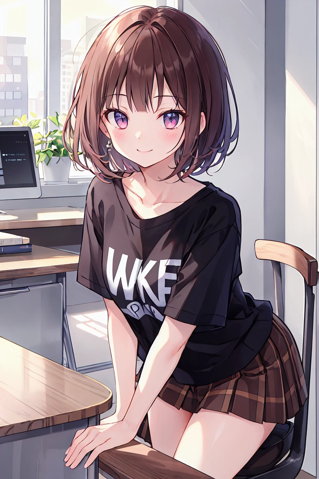 Frame In, Face and body from the front, View from the front, Upper Body, high quality, Very high resolution, high quality, Very high resolution, pretty girl, Brown Hair, amount, Blunt bangs, Bobcut, blush, Raked up bangs, (Wearing a plain T-shirt), upright, Pleated skirt, Work Desk, Sit in a work chair, Place your hands on your thighs, smile, Leaning forward, At the office，8K，Ultra HD