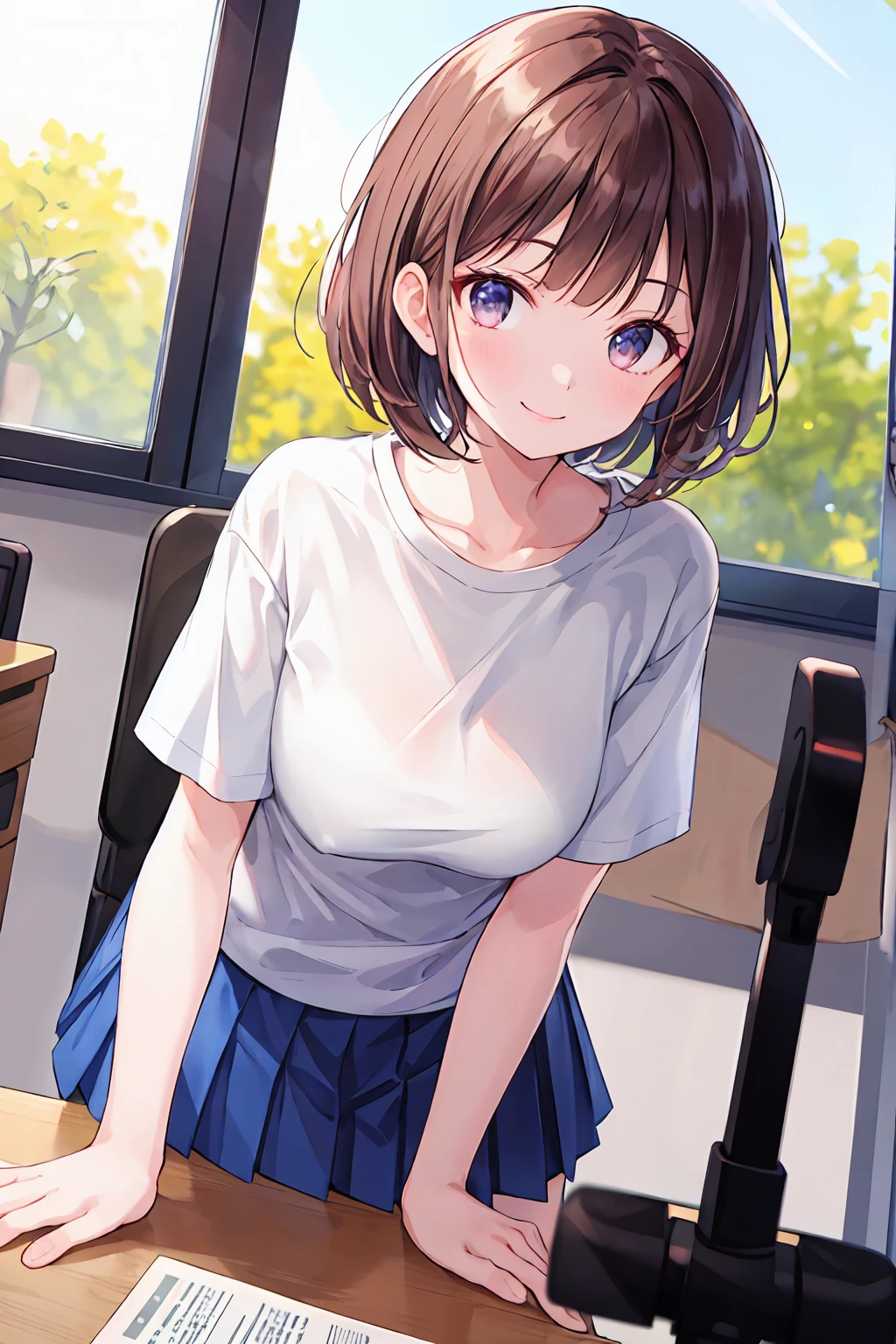 Frame In, Face and body from the front, View from the front, Upper Body, high quality, Very high resolution, high quality, Very high resolution, pretty girl, Brown Hair, amount, Blunt bangs, Bobcut, blush, Raked up bangs, (Wearing a plain T-shirt), upright, Pleated skirt, Work Desk, Sit in a work chair, Place your hands on your thighs, smile, Leaning forward, At the office，8K，Ultra HD