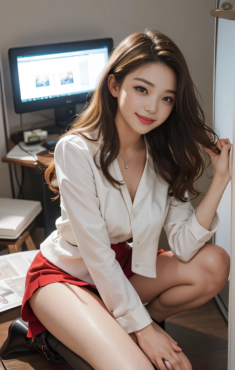 Highest quality、masterpiece、Ultra-high resolution、Realistic、RAW Photos、1 Girl、Sexy Looks、Shoulder hair、The lower half of the body is curled up and wild...、Cute Smile like a model、frontage、hair color is blonde、Red tight mini skirt、Regular high heels、Double Eyes、Apply mascara、Cute pose like a model、Cute face、Gorgeous as a model、Ultimate beauty、Cute Smile、Bright smile、Masseter region、Highest quality、Office lady style mini skirt suit、Dubai'Beautiful cityscape、Very cute sexy girl、